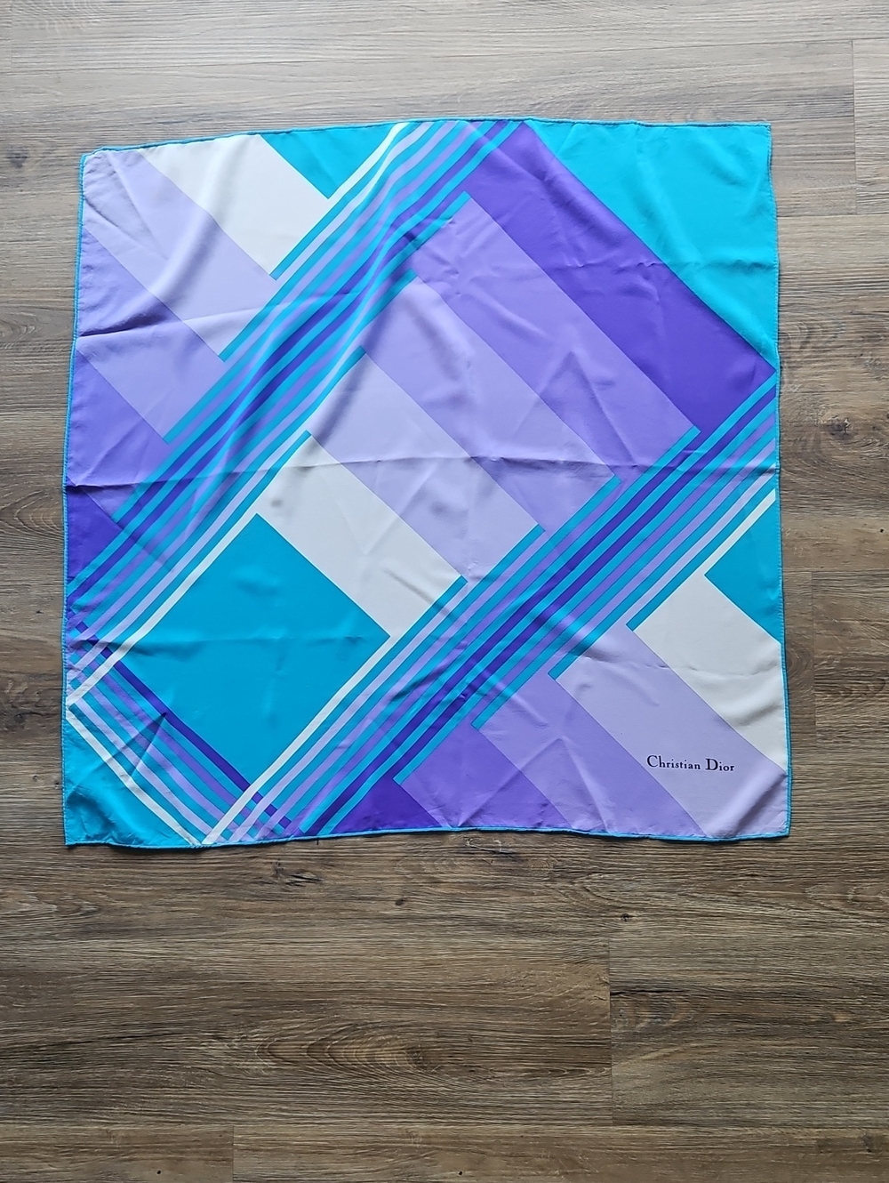 Vintage Christian Dior Silk Geometric Scarf in Teal & Lavender